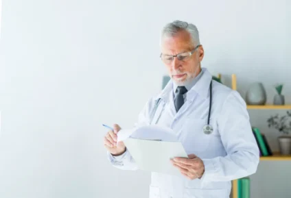 dottore analizzando documenti