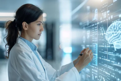 donna scienziata analizzando dati sul biohacking